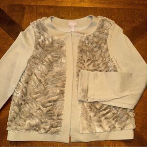 Chicos Size 0 Faux Fur Ponte Taupe Tan Jacket Cardigan Paneled Solid Small 4